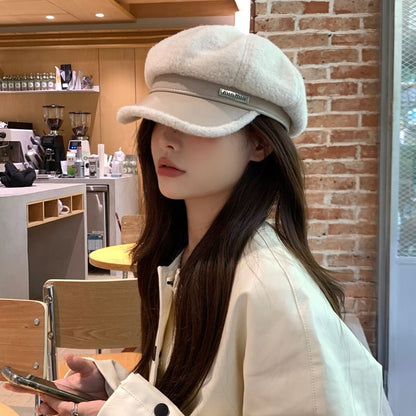 Faux Cap Panel Fleece Leather Newsboy