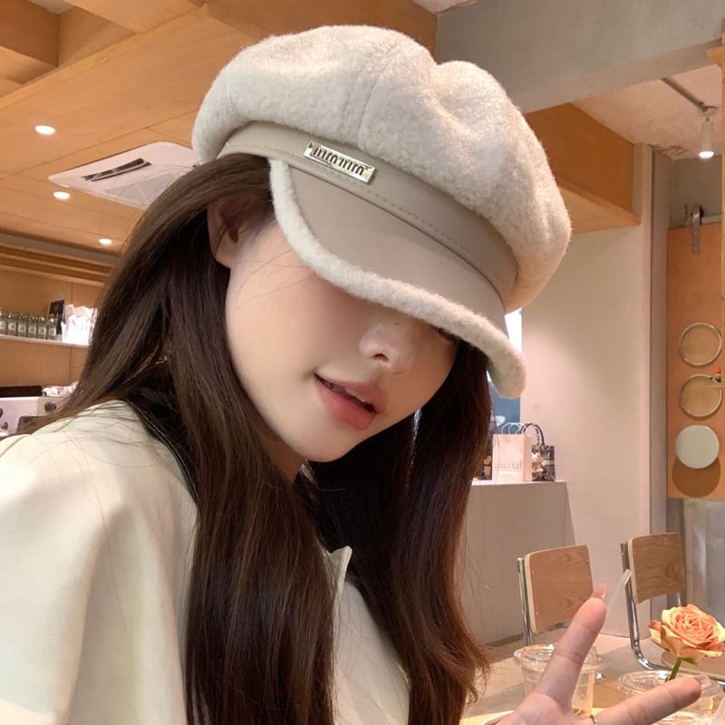 Faux Cap Panel Fleece Leather Newsboy