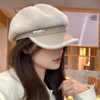 Faux Cap Panel Fleece Leather Newsboy