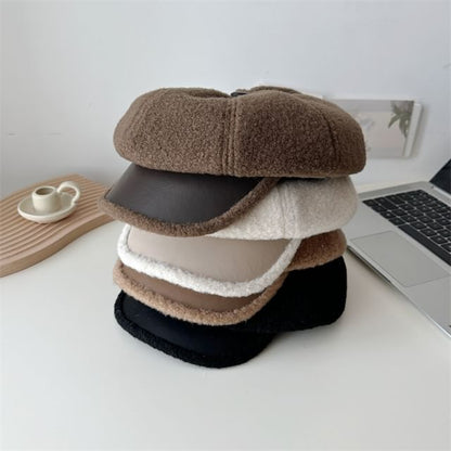 Faux Cap Panel Fleece Leather Newsboy