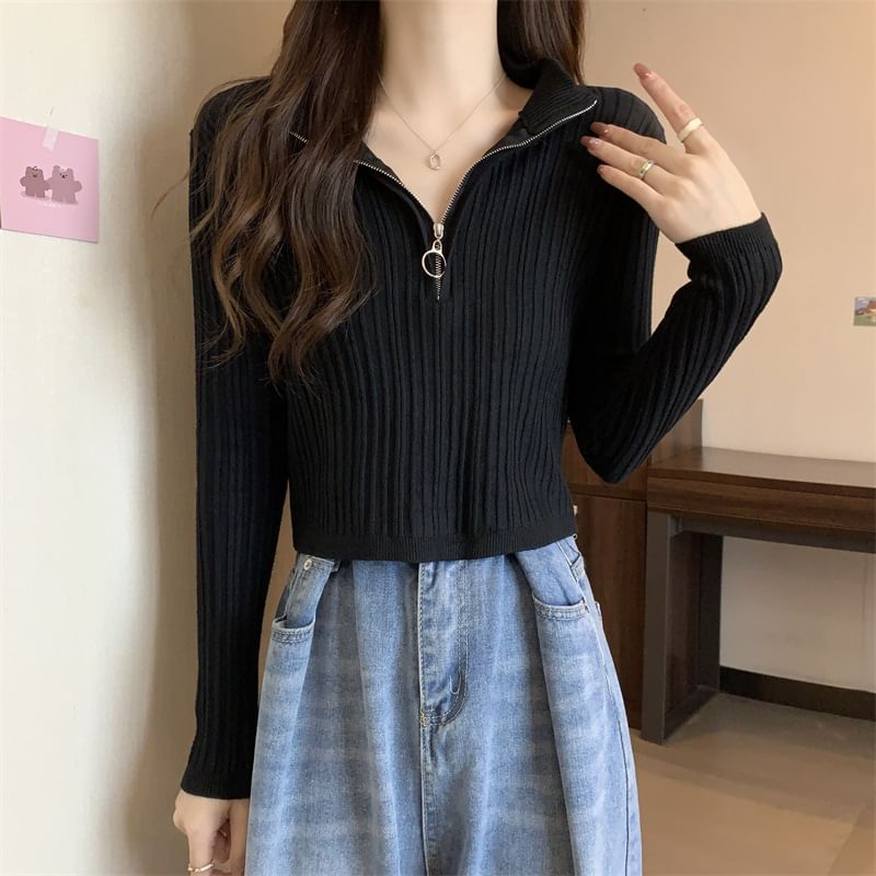 Long-Sleeve Zip Plain Slim-Fit Top Mock-Neck Knit Half