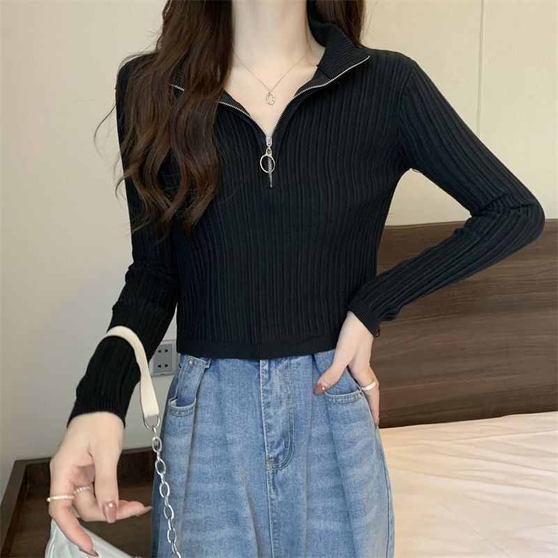 Long-Sleeve Zip Plain Slim-Fit Top Mock-Neck Knit Half