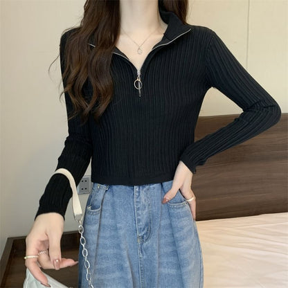 Long-Sleeve Zip Plain Slim-Fit Top Mock-Neck Knit Half