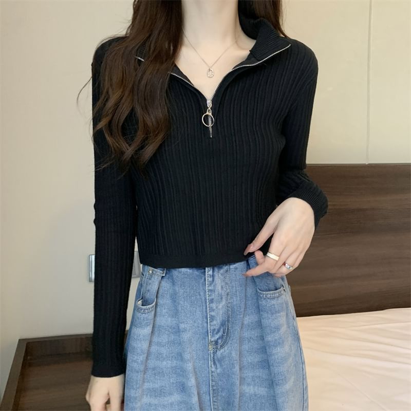 Long-Sleeve Zip Plain Slim-Fit Top Mock-Neck Knit Half