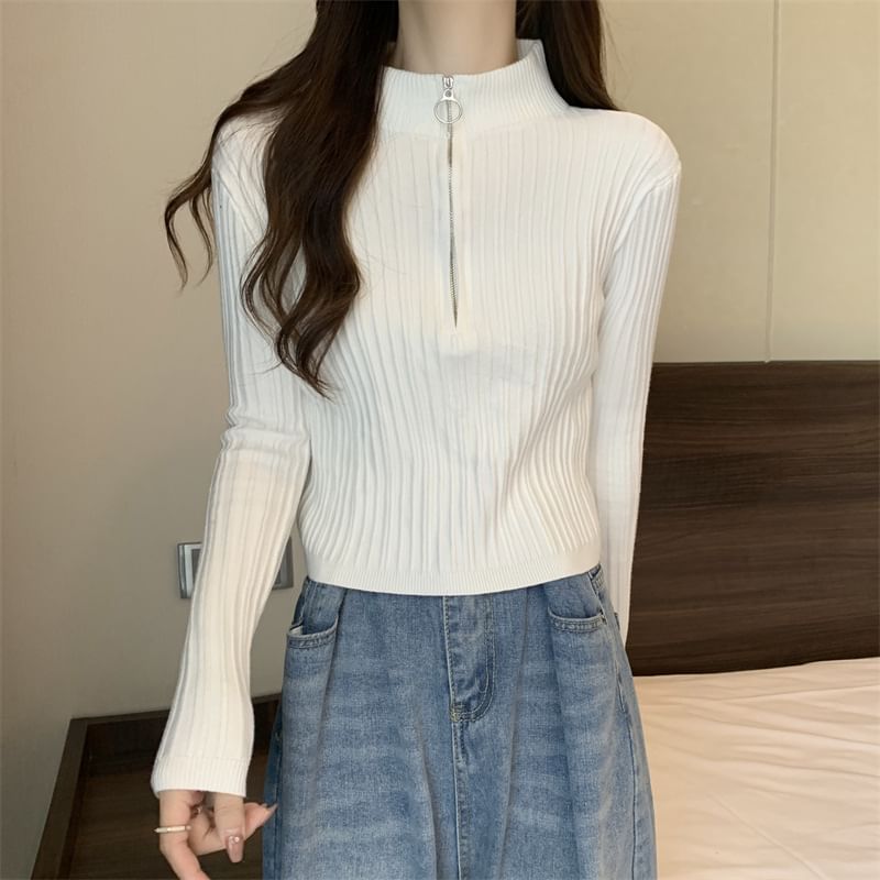Long-Sleeve Zip Plain Slim-Fit Top Mock-Neck Knit Half