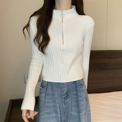 Long-Sleeve Zip Plain Slim-Fit Top Mock-Neck Knit Half