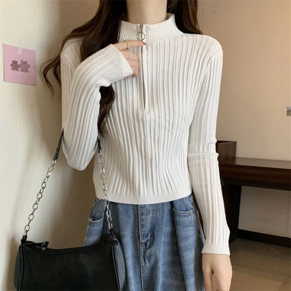 Long-Sleeve Zip Plain Slim-Fit Top Mock-Neck Knit Half
