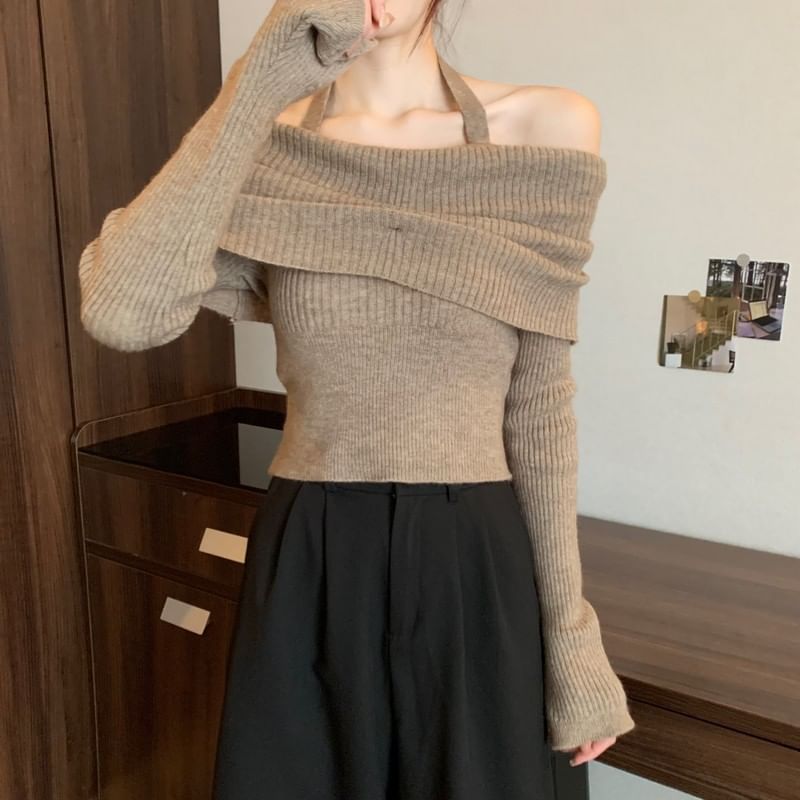 Off-Shoulder Long-Sleeve Sweater Halter