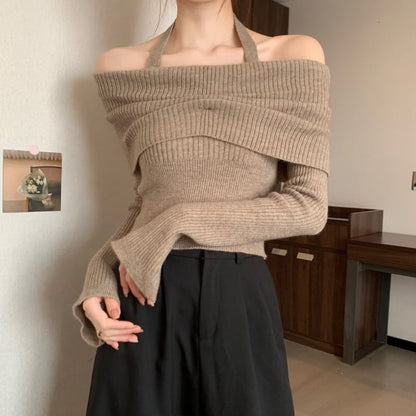 Off-Shoulder Long-Sleeve Sweater Halter