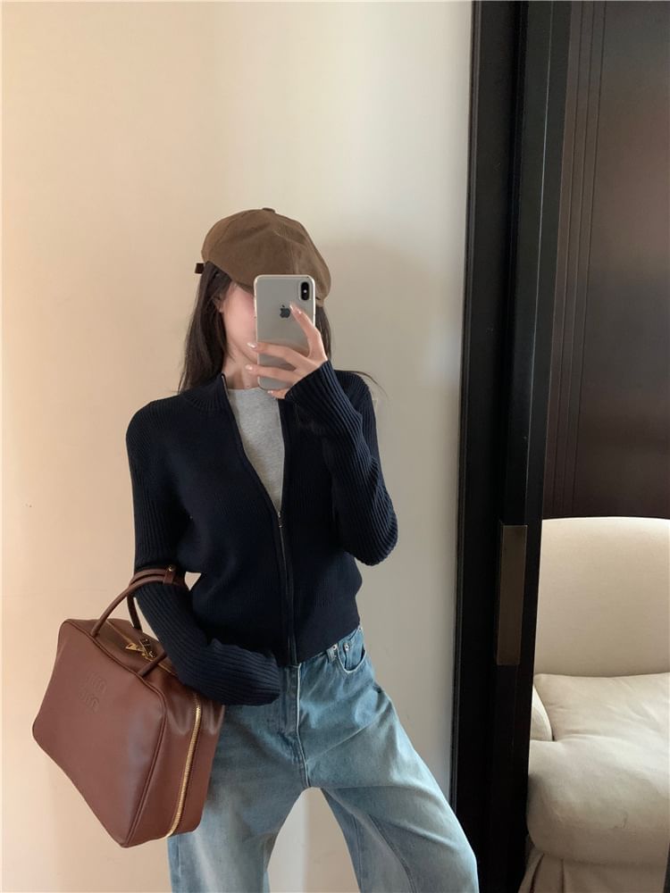 Zip Plain Sweater Slim-Fit