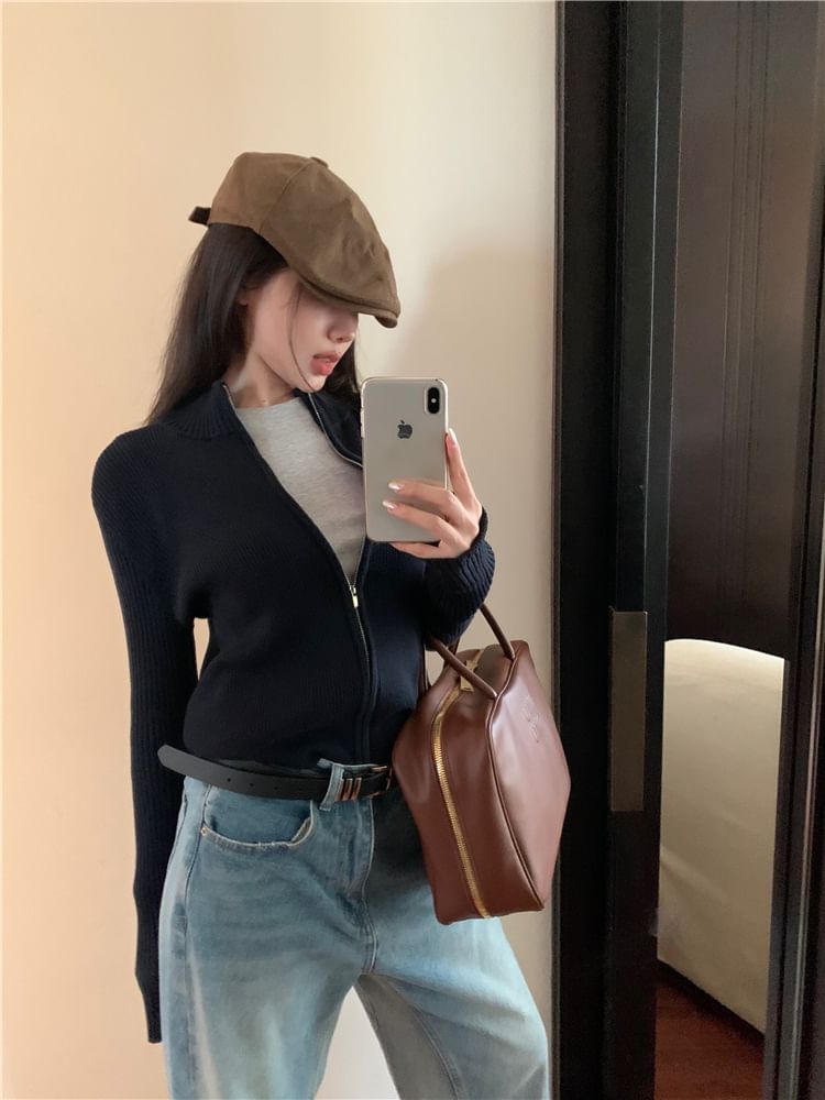 Zip Plain Sweater Slim-Fit