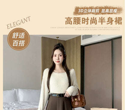 High-Waist Plain Woolen A-Line Skirt