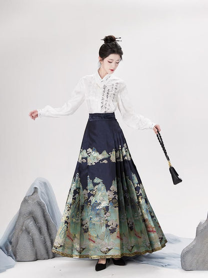 Traditional Chinese Long-Sleeve Print Shirt / High Waist Pleated Skirt