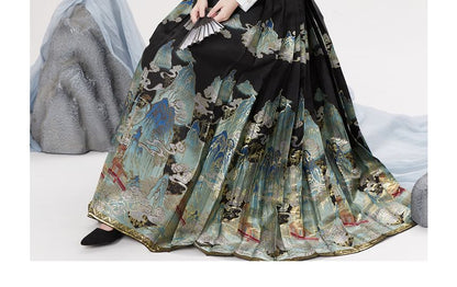 Traditional Chinese Long-Sleeve Print Shirt / High Waist Pleated Skirt