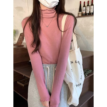 Long-Sleeve High Neck Plain Lettuce Edge Knit Top