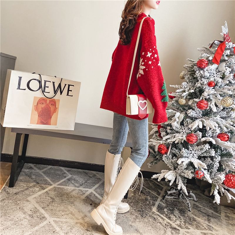 Sweater Tree Crew Neck Christmas Jacquard