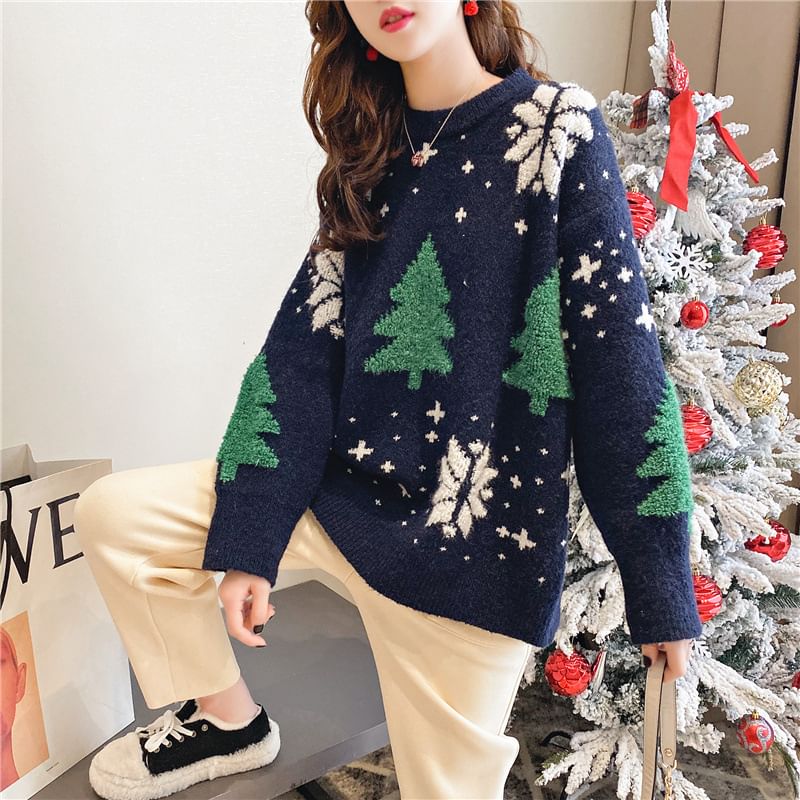 Sweater Tree Crew Neck Christmas Jacquard