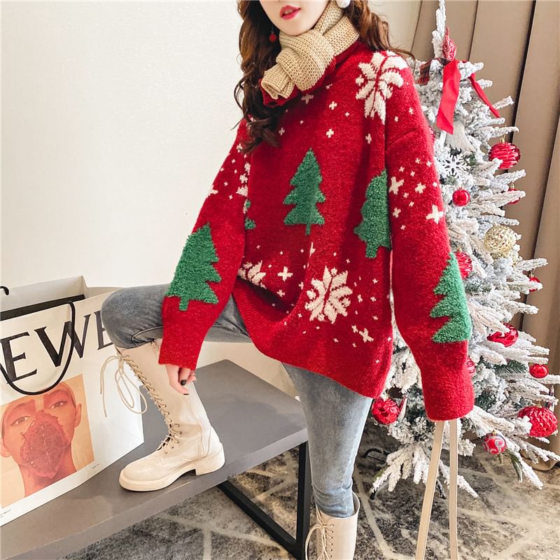 Sweater Tree Crew Neck Christmas Jacquard