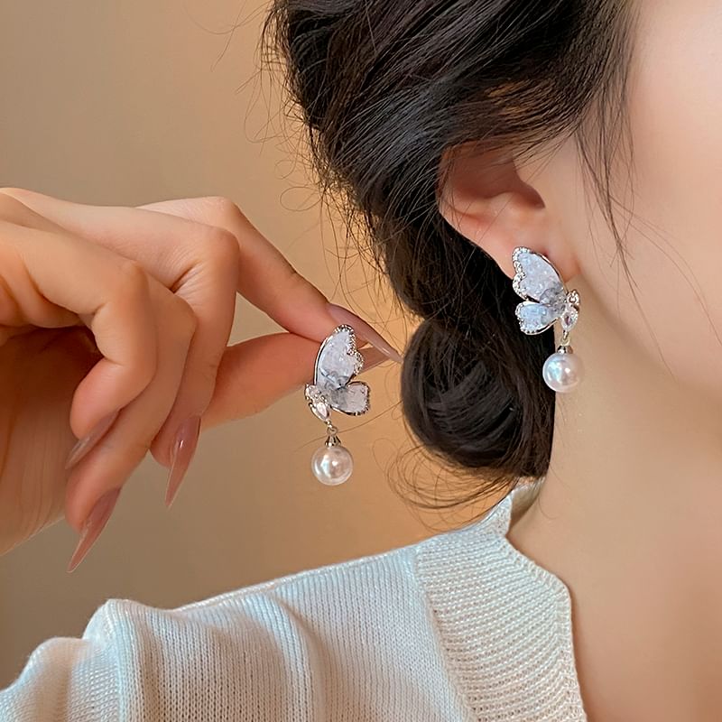 Crystal Faux Pearl Drop Alloy Earring Butterfly