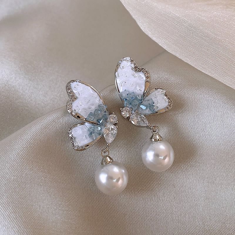 Crystal Faux Pearl Drop Alloy Earring Butterfly
