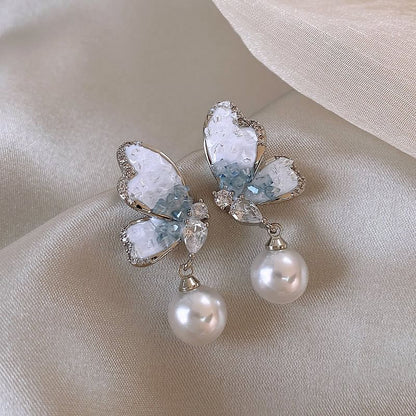 Crystal Faux Pearl Drop Alloy Earring Butterfly