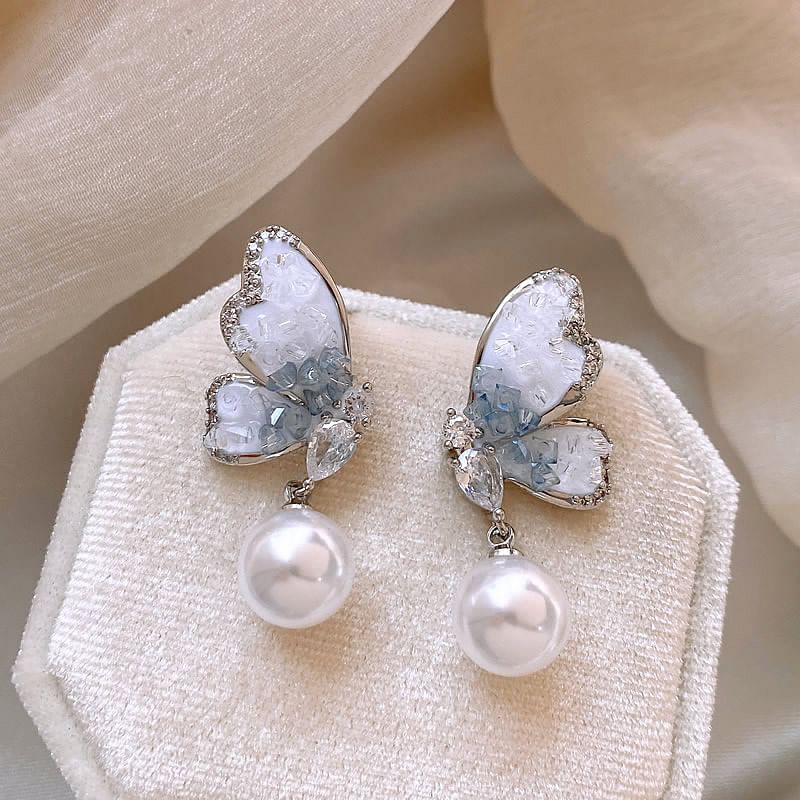 Crystal Faux Pearl Drop Alloy Earring Butterfly