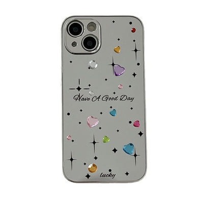 Heart Rhinestone Mirrored Phone Case - iPhone 15 Pro Max / 15 Pro / 15 / 14 Pro Max / 14 Pro / 14 / 13 Pro Max / 13 Pro / 13 / 12 Pro Max / 12 Pro / 12 / 11 Pro Max / 11