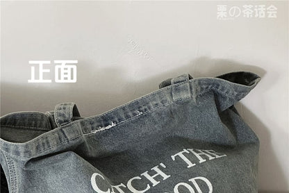 Washed Lettering Denim Tote Bag / Charm / Set