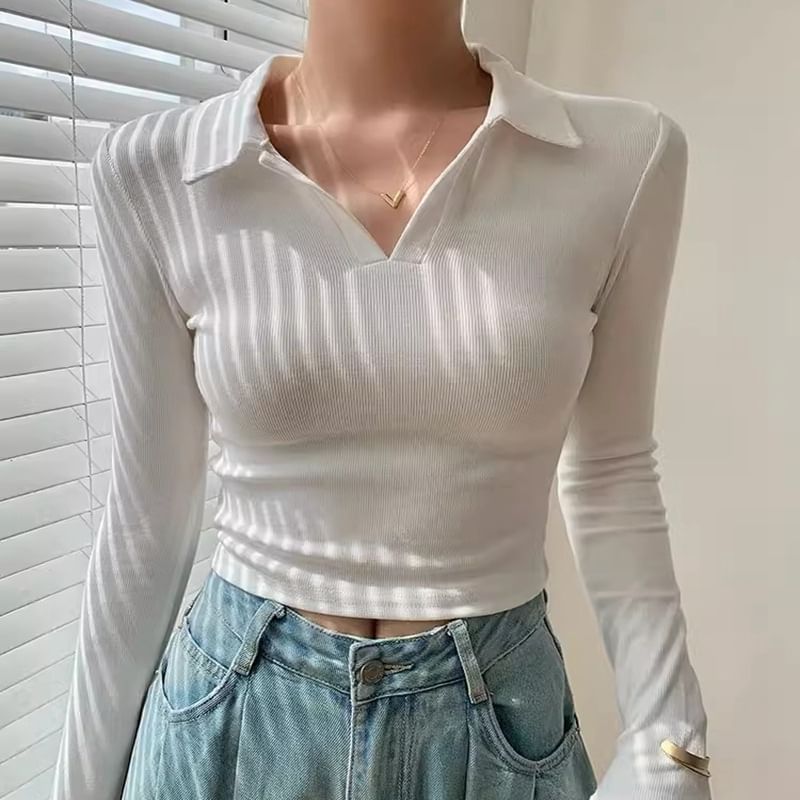 V-Neck Plain Cropped Knit Top