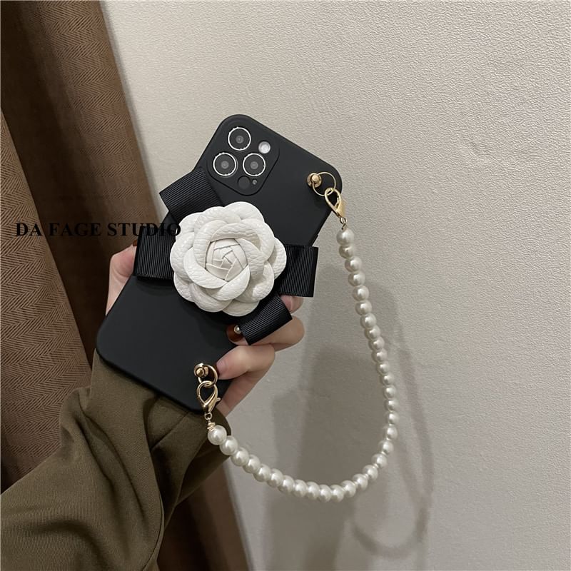 Phone Pearl Strap Case Faux Floral