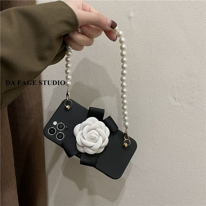 Phone Pearl Strap Case Faux Floral