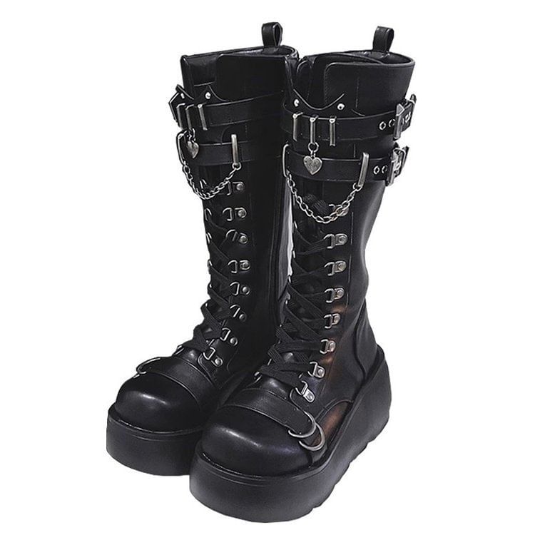 Platform Plain Lace Up Mid Calf Boots