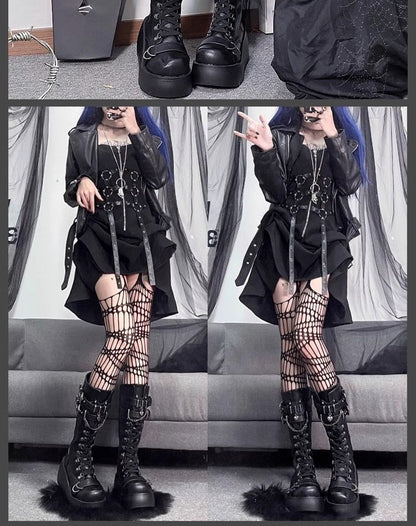 Platform Plain Lace Up Mid Calf Boots