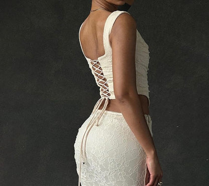 Lace Plain Crop Tank Neck / Waist Top Maxi High Skirt Square Mermaid