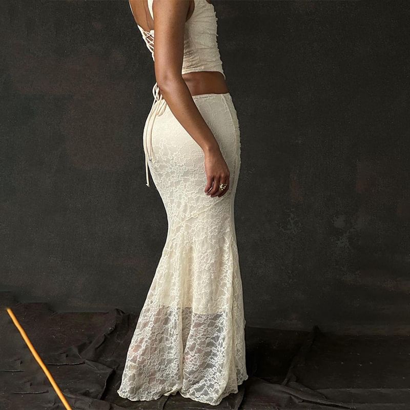 Lace Plain Crop Tank Neck / Waist Top Maxi High Skirt Square Mermaid