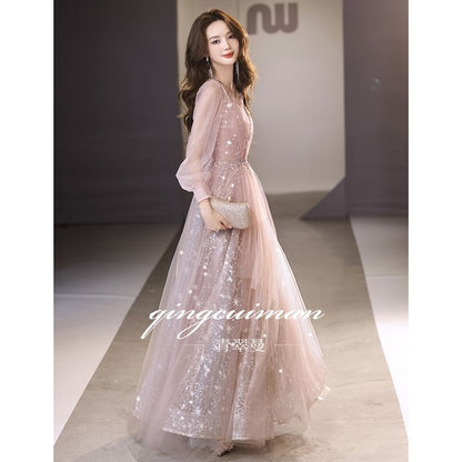 Long-Sleeve V-Neck Sequin Mesh A-Line Evening Gown