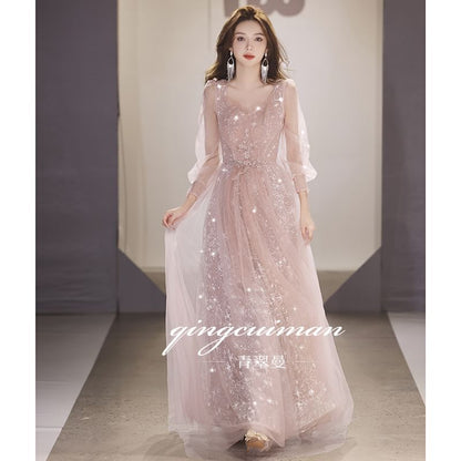 Long-Sleeve V-Neck Sequin Mesh A-Line Evening Gown