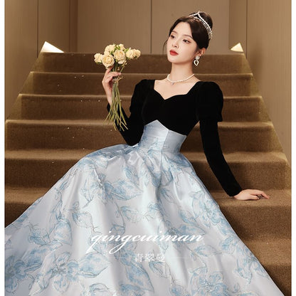 Long-Sleeve V-Neck Two Tone Floral Jacquard A-Line Evening Gown