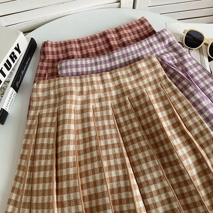 High Waist Plaid Pleated Mini A-Line Knit Skirt