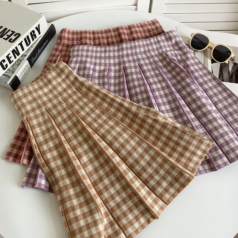 High Waist Plaid Pleated Mini A-Line Knit Skirt