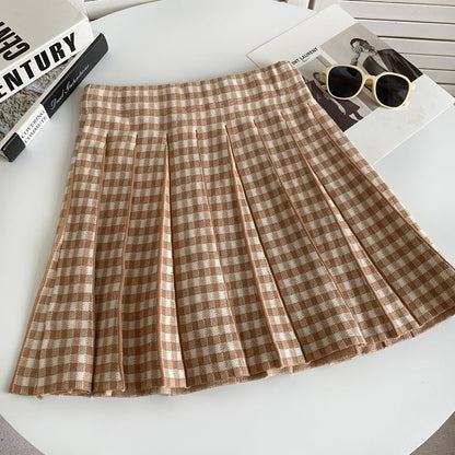 High Waist Plaid Pleated Mini A-Line Knit Skirt