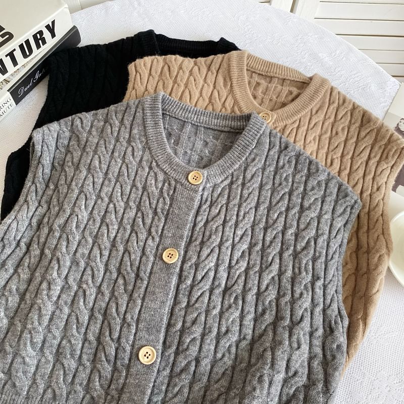 Crew Neck Plain Cable Knit Button Sweater Vest