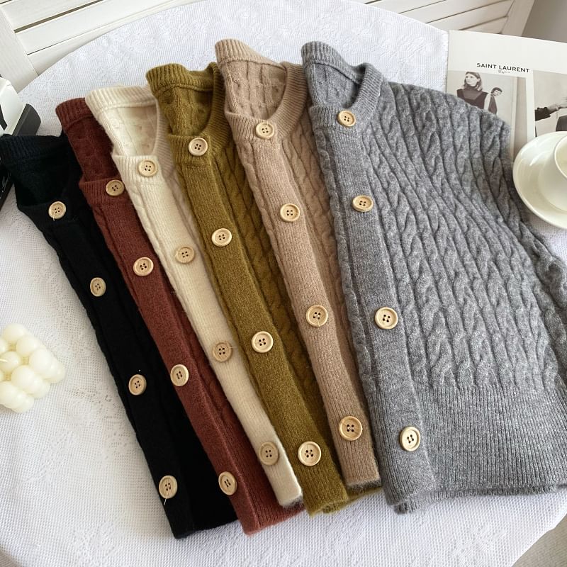 Crew Neck Plain Cable Knit Button Sweater Vest