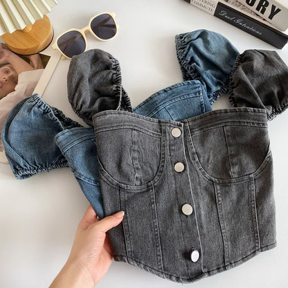 Puff-Sleeve Washed Denim Button Crop Top