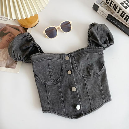 Puff-Sleeve Washed Denim Button Crop Top