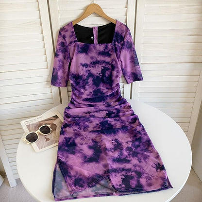 Short-Sleeve Square Neck Tie Dye Ruched Slit Midi Sheath Dress