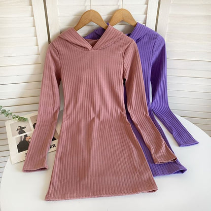 Long-Sleeve Plain Hooded Knit Sheath Dress