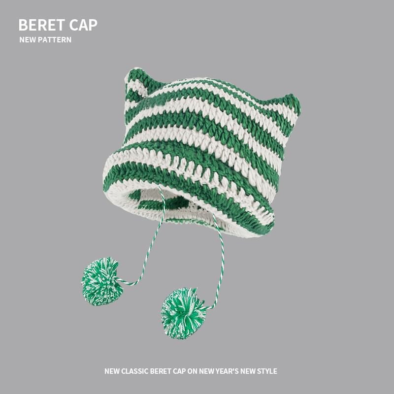 Devil Ear Striped Pom Pom Knit Beanie