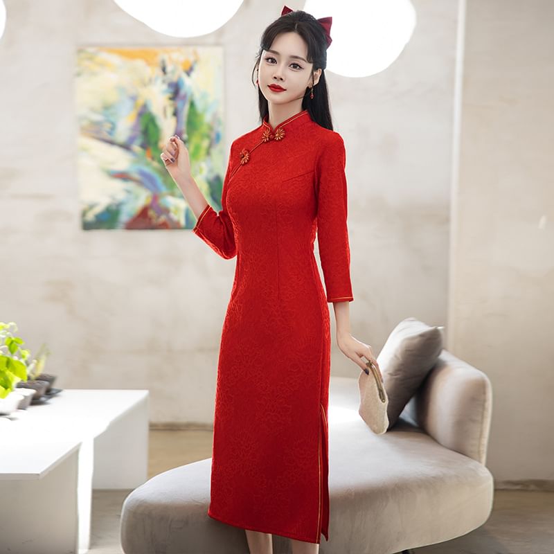 Long-Sleeve Band Collar Plain Midi Qipao