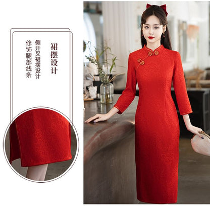 Long-Sleeve Band Collar Plain Midi Qipao